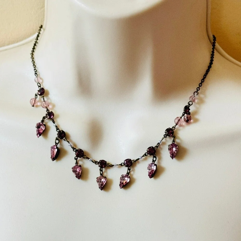 Regency style Necklace VTG Jeweled Crystal Rhinestone statement bronze lilac 90s